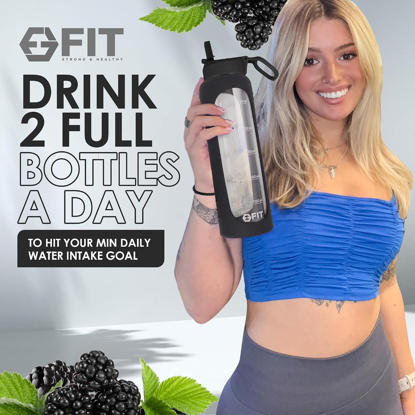 FIT Strong & Healthy 1, 2 & 3 Compartment Glass Meal Prep Containers with BLACK Lids (3 Pack, 35 oz) and 32 oz Glass Water Bottle with Straw Lid, Time Marker, Sleeve & Extra Lid Bundle