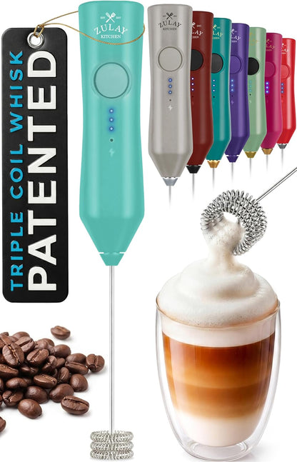 Zulay Kitchen Rechargeable Milk Frother Handheld - Frother Wand, Drink Mixer, Electric Whisk Frother, for Cappuccinos, Matcha & Protein Powder - Dynamic 3 Whisk, 3 Speed 500mAh Black - Colors D