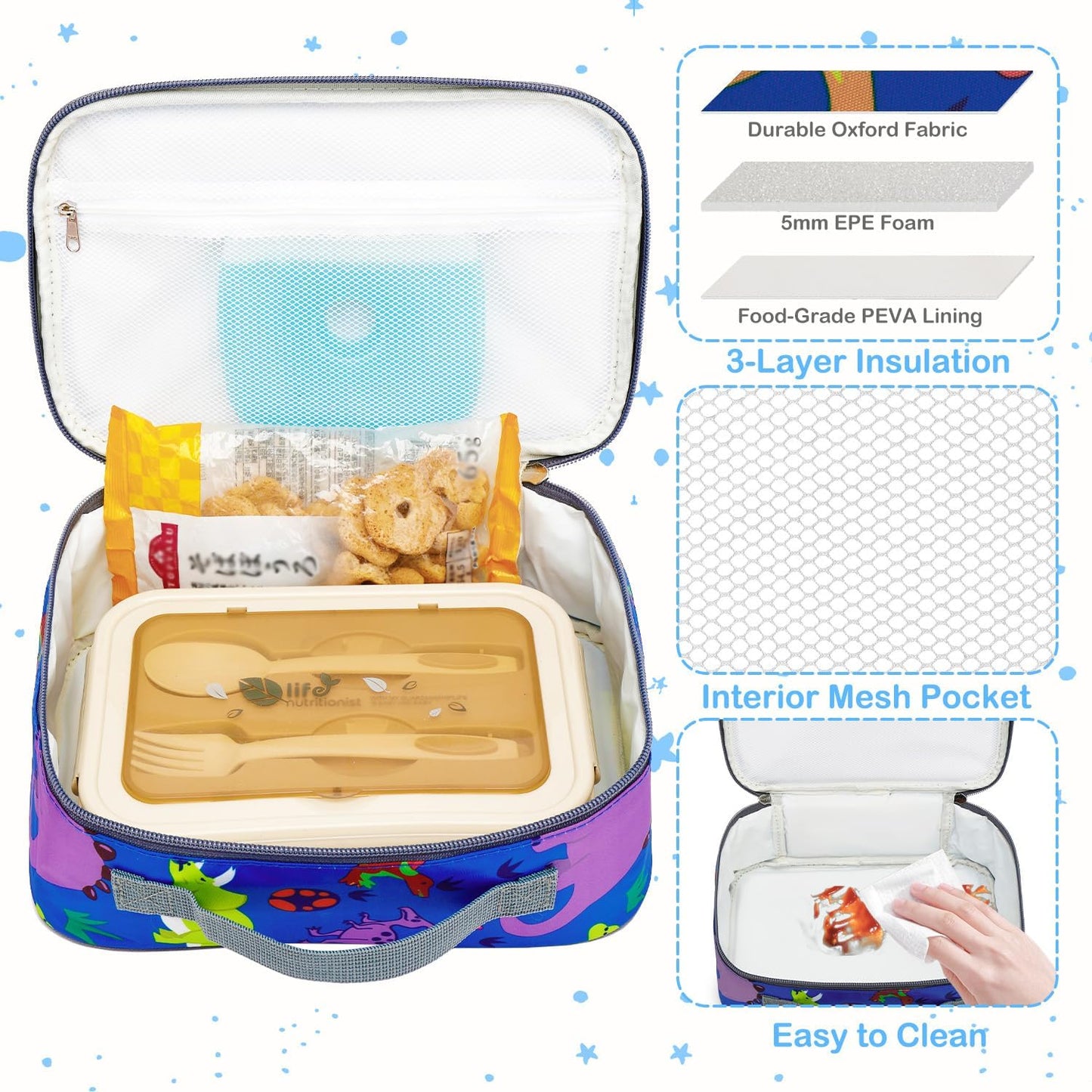 FlowFly Kids Lunch box Insulated Soft Bag Mini Cooler Back to School Thermal Meal Tote Kit for Girls, Boys, Black