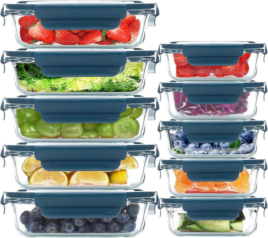 10Pack Rectangle Glass Food Storage Containers with Lids, Meal Prep Containers for Food Storage, BPA Free & Leak Proof (Dark Blue)