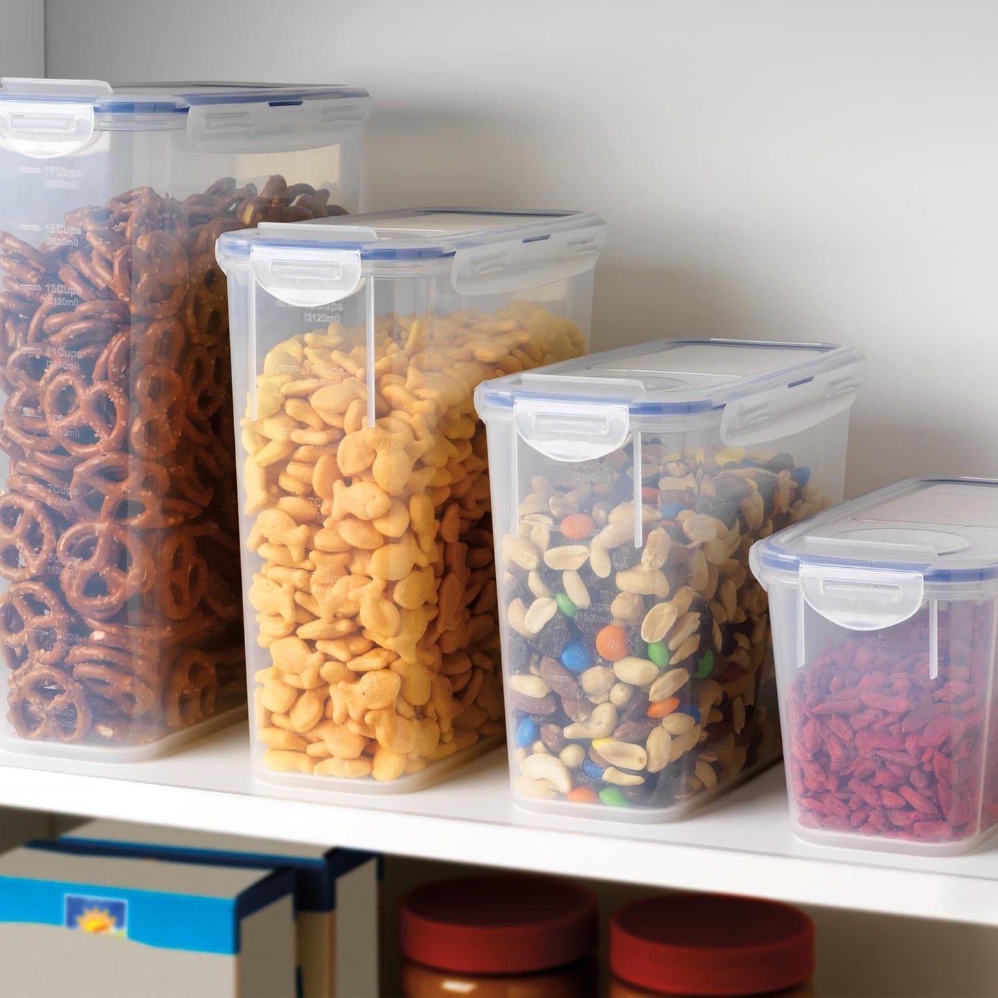 Lock & Lock Easy Essentials Food Storage Bin Set for Pasta, Flour, Sugar/Airtight Container Lids/BPA-Free/Dishwasher Safe, 8 Piece - Clear