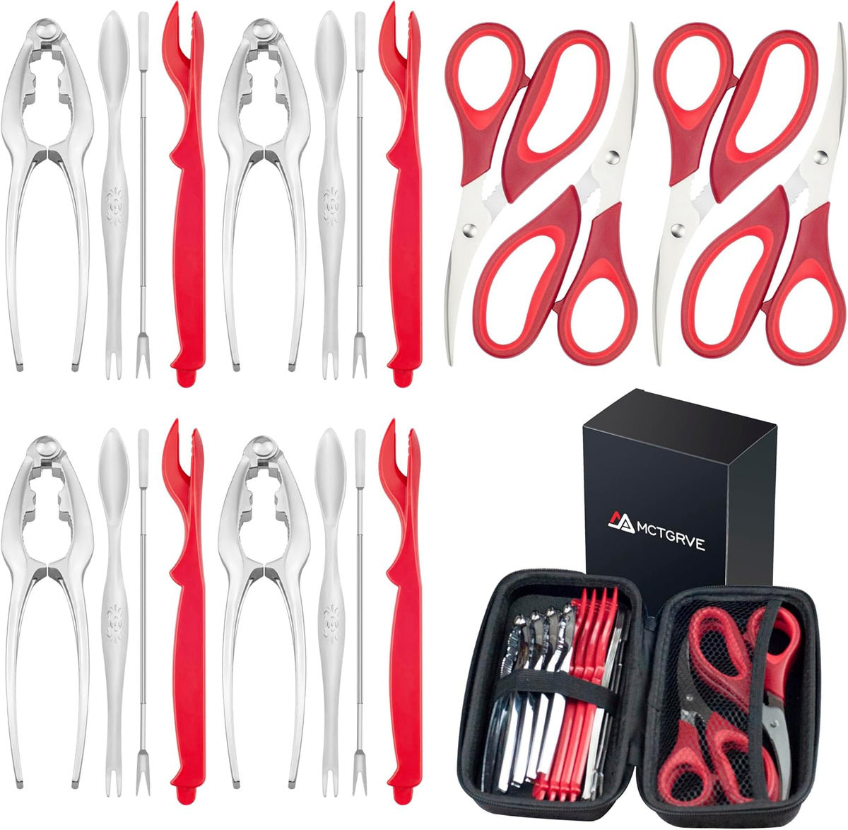 Crab Crackers and Tools，21-piece Seafood Tools Set includes 4 Crab Crackers, 4 Lobster Shellers, 4 Lobster Forks/Picks, 4 Crab Forks/Spoons and 4 Seafood Scissors in 1 Storage Bag - Nut Cracker Set