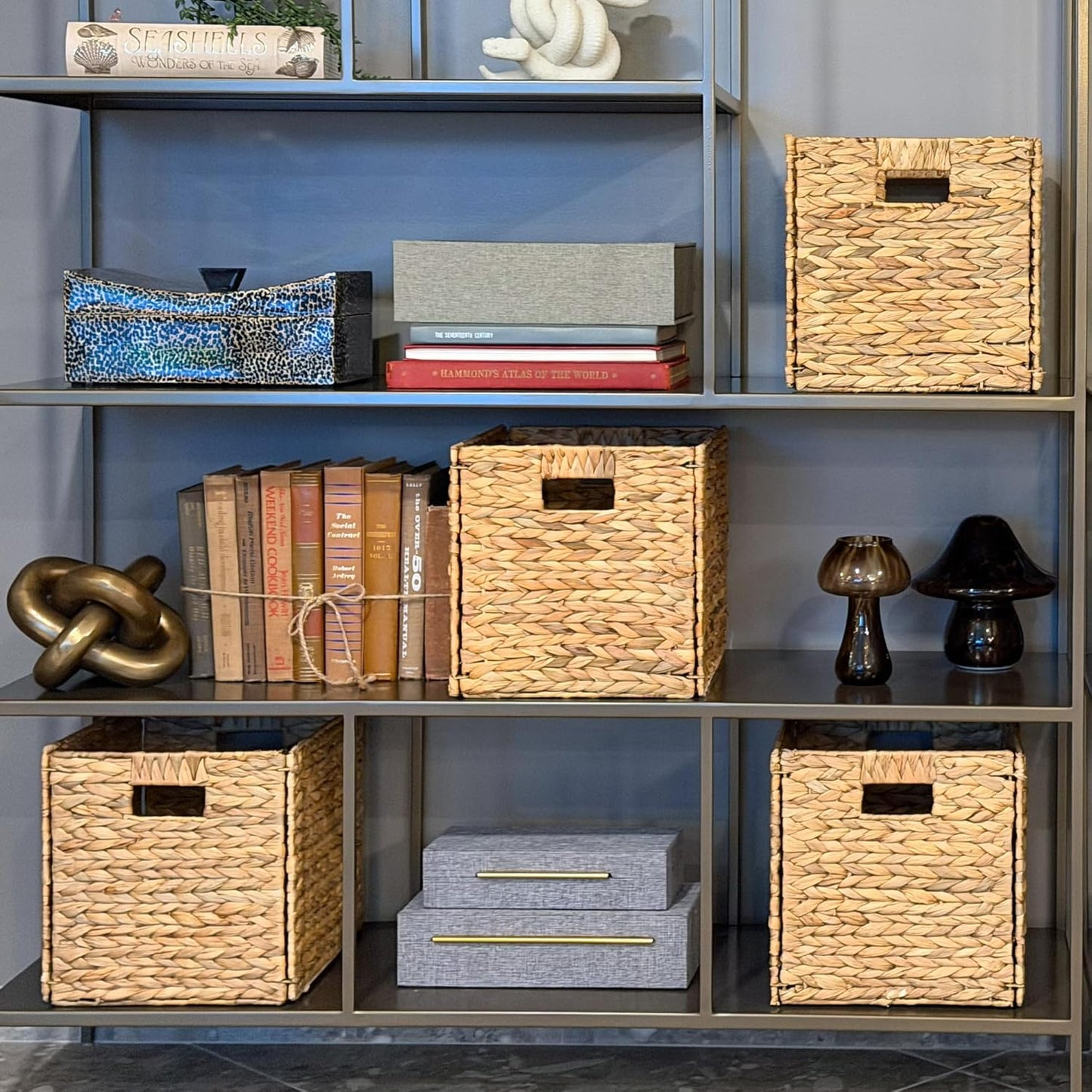 Westerly 4 Decorative Hand-Woven Small Water Hyacinth Wicker Storage Basket, 13x11x11 Perfect for Shelving Units
