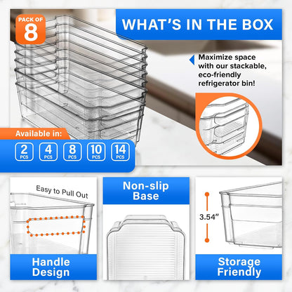 14-Piece Stackable Refrigerator Bin Organizer Set with Easy Grip Handles - Clear Multi-Purpose Storage Bins for Fridge and Pantry Use