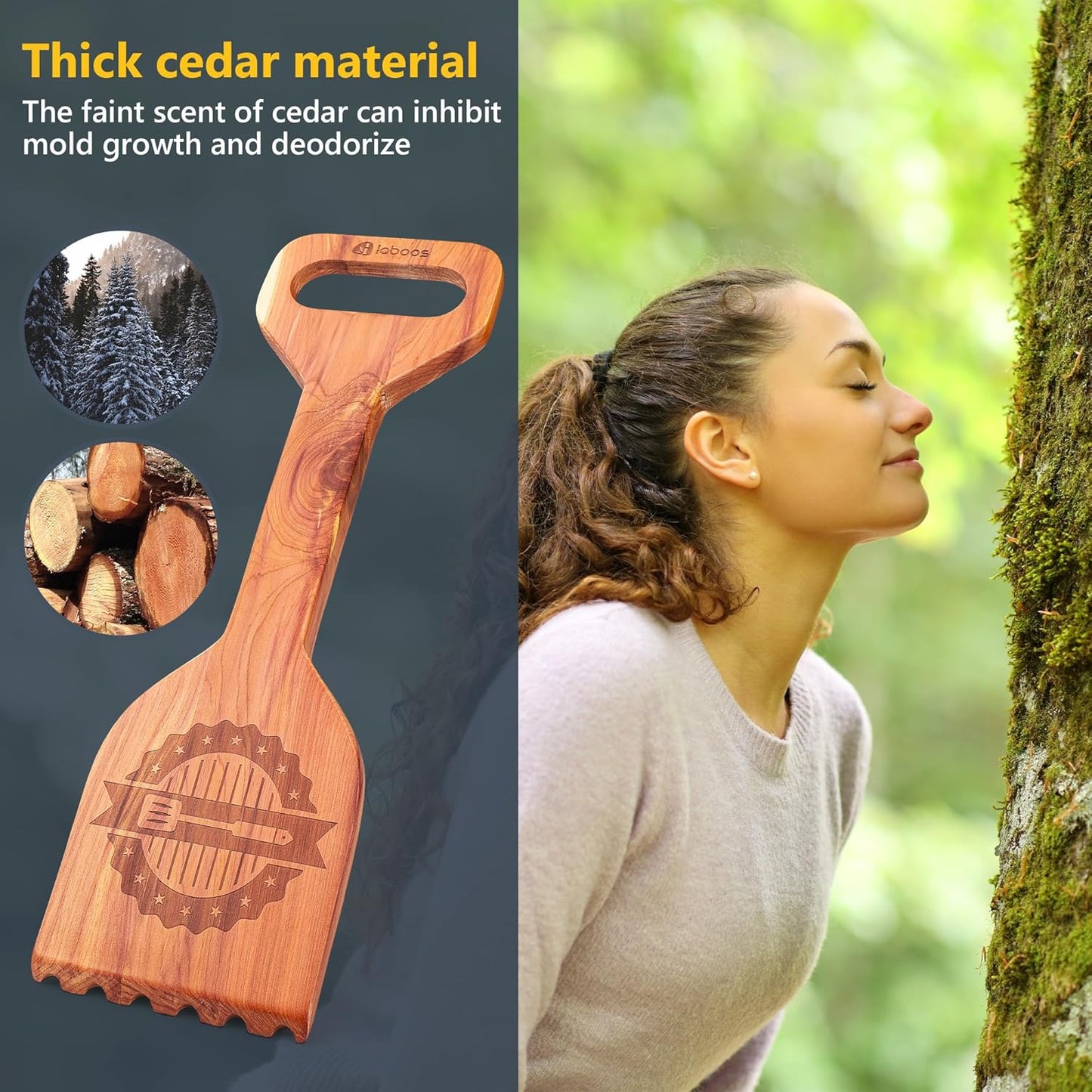 Premium Cedar Grill Scraper - Wooden BBQ Grill Cleaner, Metal Bristle-Free, Ergonomic Handle, Natural Cedar Aroma, Fits Traeger Grills - Safe & Durable Barbecue Accessory
