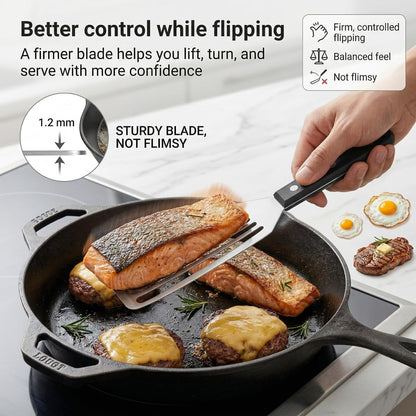 Fish Spatula, 12" Stainless Steel Slotted Turner for Cast Iron & Griddle | Firm 1.2 mm blade gives steady support for fish, burgers, eggs and pancakes; beveled front edge helps slide under food.