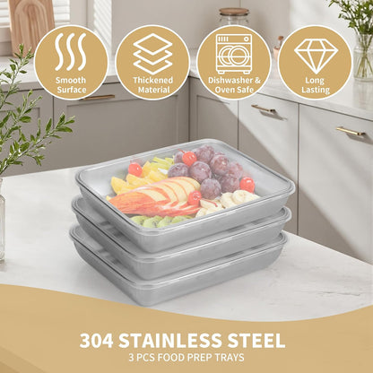 3 Set Stainless Steel Breading Trays Set with Lids,Large Breading Pans with Tong for Dredging Chicken Breasts Marinating Meat (10 x 7.8 x 1.9 inch)