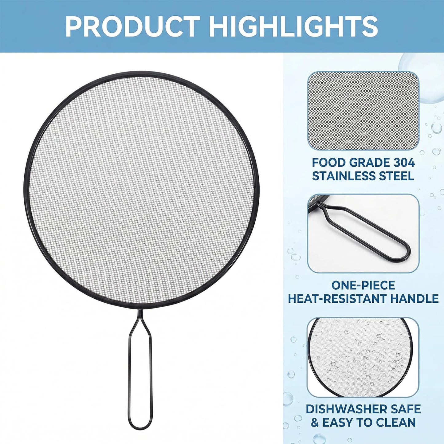 Splatter Screen 8 Inch Stainless Steel Grease Splatter Screen Fine Spatter Shield Frying with Comfortable Handle for Cooking Shield from Splashing Oil (Black)