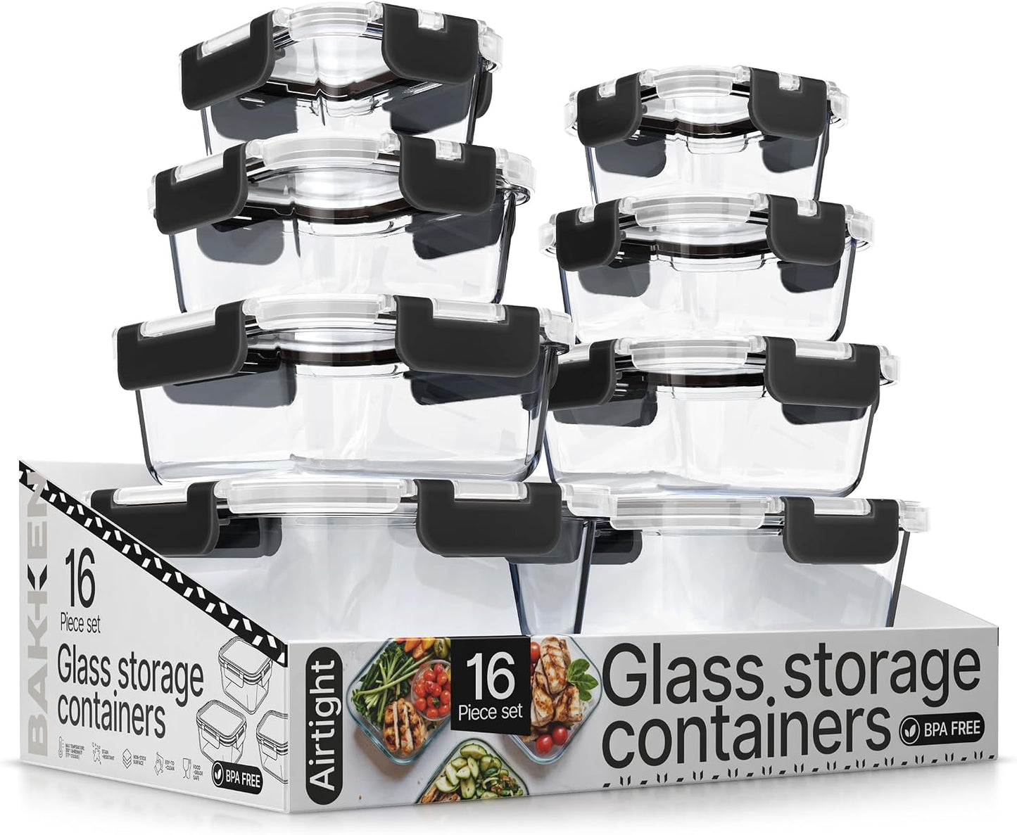 Bakken Borosilicate Glass Food Storage Containers with Lids 16 Pieces, BPA-Free Stackable Lunch & Leftover Containers, Microwave, Freezer & Dishwasher Safe, 100% Airtight Leak-Proof, Gray