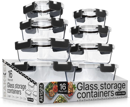 Bakken Borosilicate Glass Food Storage Containers with Lids 16 Pieces, BPA-Free Stackable Lunch & Leftover Containers, Microwave, Freezer & Dishwasher Safe, 100% Airtight Leak-Proof, Gray