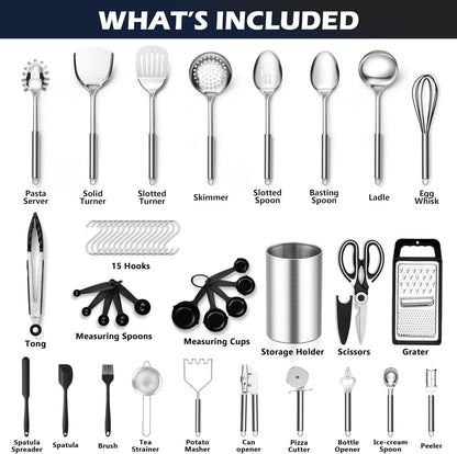 E-far Cooking Utensils Set, 10-Piece Stainless Steel Kitchen Utensils with Holder, Metal Heat Resistant Kitchen Cookware Tool Spatula Set for Cooking, Easy Clean & Dishwasher Safe