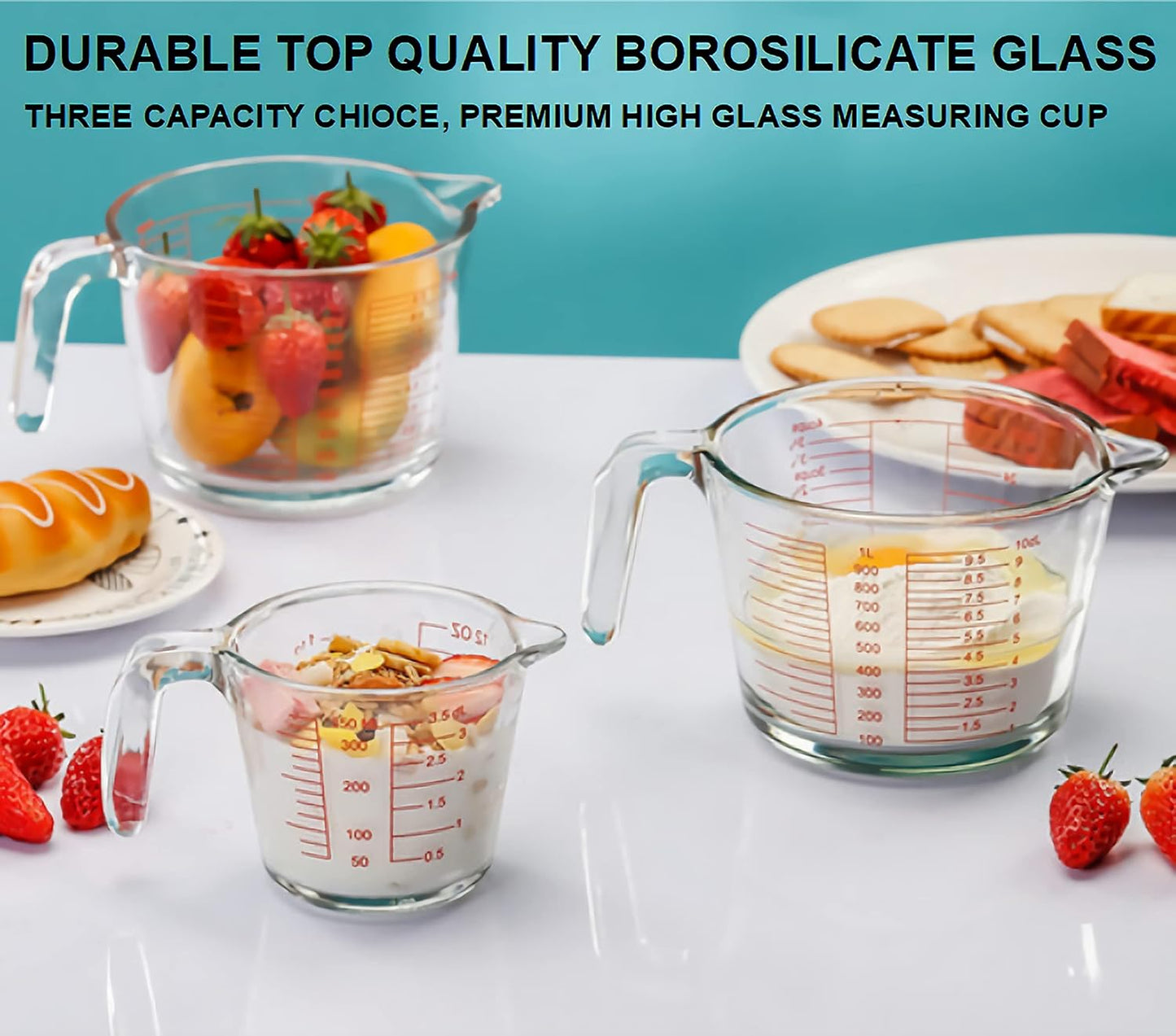 Glass Measuring Cups Set,BPA-Free Premium Heat Resistant Borosilicate Glass Measuring Cups with Handle, Precise Measurement Dl, Cups,OZ & Ml Scale, Easy-Pour Spout