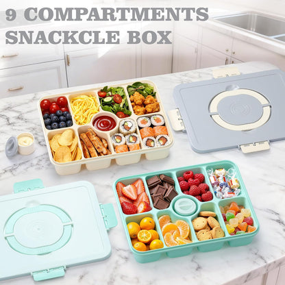 Snackle Box Container, Divided Serving Tray with Lid and Handle, 9 Compartments Snack Box Container for Adults, Portable Charcuterie Serving Platter for Candy Fruit, 9.9 Cups, White Grey