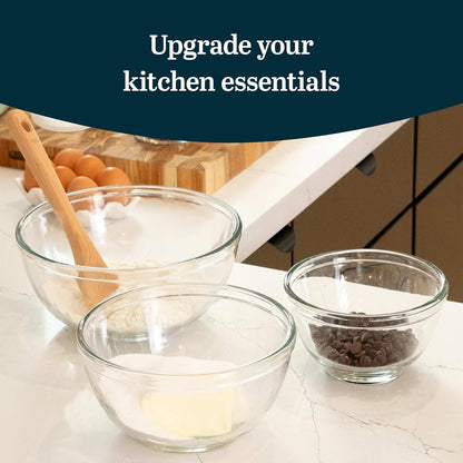 Libbey Baker's Basics 3-Piece Glass Mixing Bowls Set - Clear Bowls for Baking, Prep, Serving & Storage - Microwave, Oven, Freezer and Dishwasher Safe
