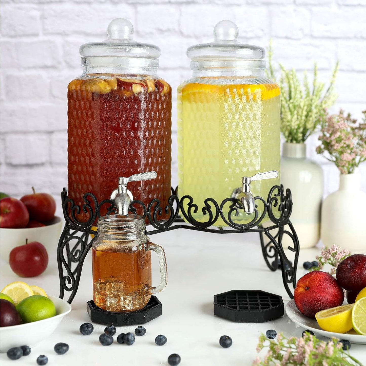 Double Glass Beverage Dispenser Set - Dual 1 Gallon Punch Dispensers with Stand, Spigot, and Drip Trays | Ideal for Juice, Tea, and Party Drinks | Elegant Pitcher for Parties and Events