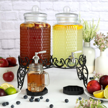 Double Glass Beverage Dispenser Set - Dual 1 Gallon Punch Dispensers with Stand, Spigot, and Drip Trays | Ideal for Juice, Tea, and Party Drinks | Elegant Pitcher for Parties and Events