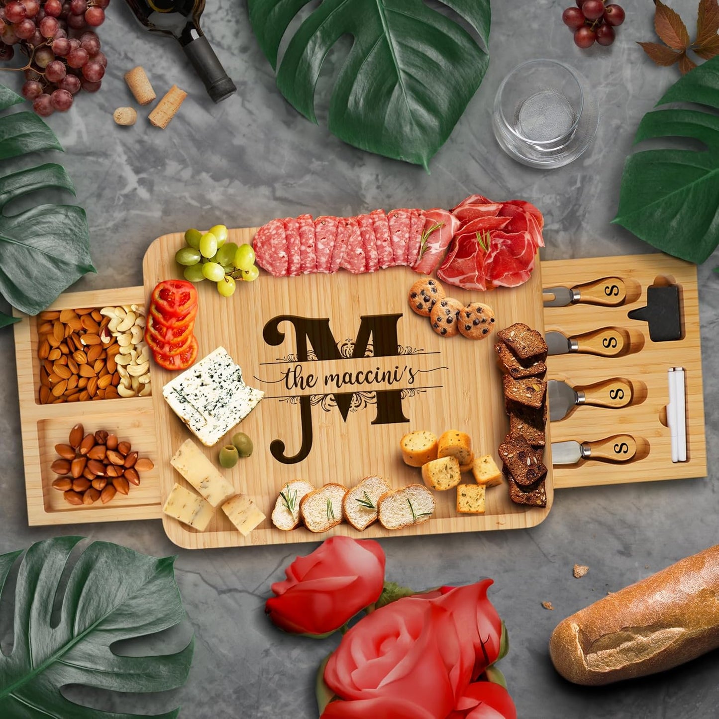Personalized Charcuterie Board Gift Set - Custom Engraved Bamboo Cheese Board with Knife Set - Personalized Gifts for Wedding Anniversary Bridal Shower Engagement Birthday Housewarming Couples Women