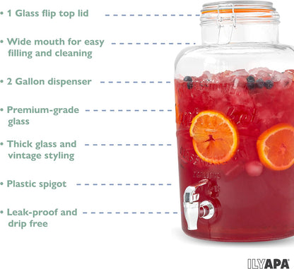 Ilyapa 2 Gallon Glass Beverage Dispenser, Metal Base, Stainless Steel Spigot & Hanging Chalkboard - for Lemonade, Tea, Cold Water & More