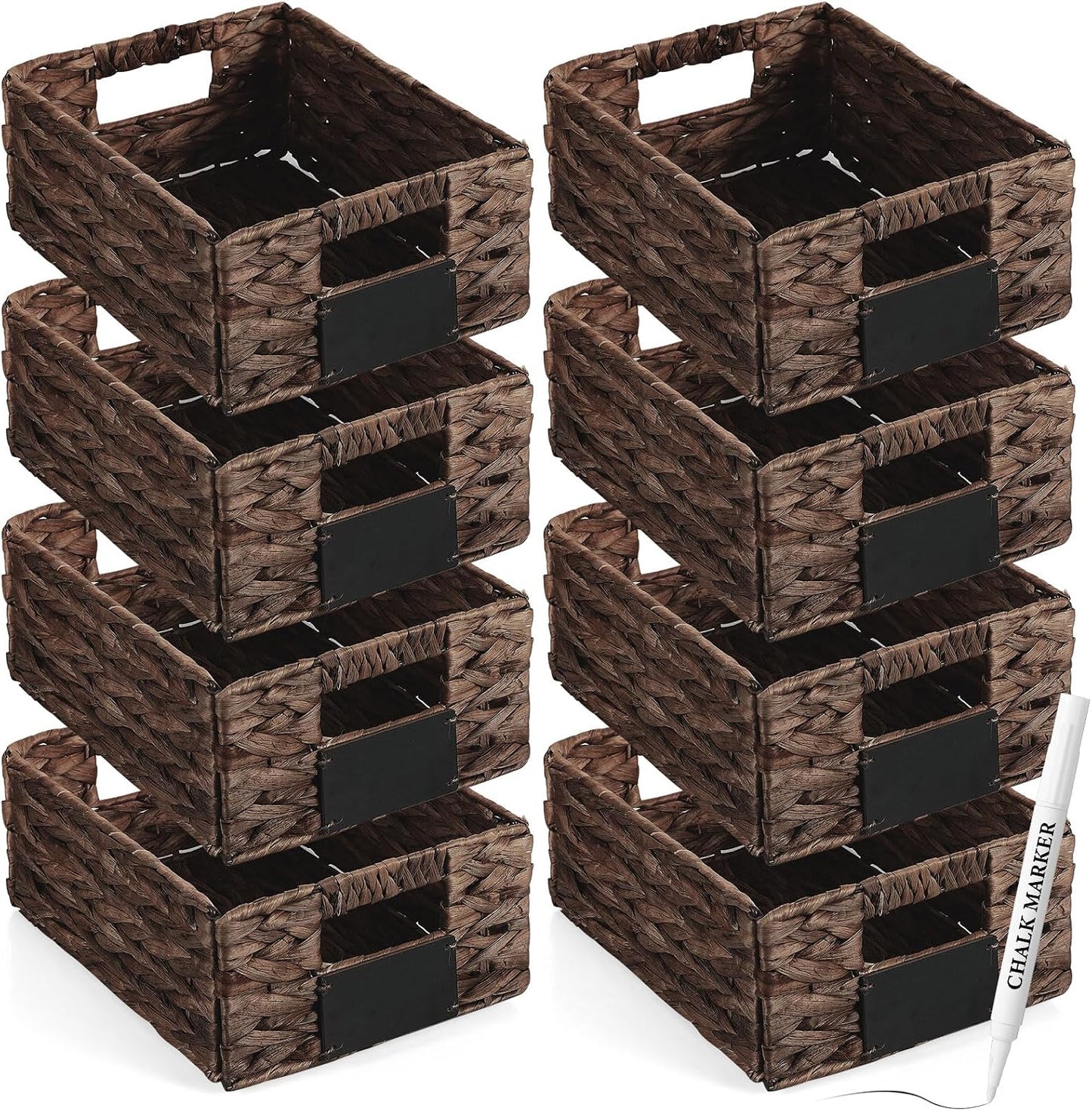 Nitial 8 Pcs Wicker Storage Basket, Rectangular Water Hyacinth Storage Basket for Shelving, Foldable Woven Pantry Organizer with Chalkboard Label and Chalk Marker (Natural,12 x 9 x 5 Inch)