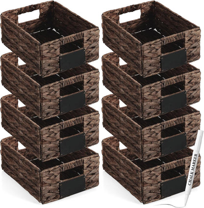 Nitial 8 Pcs Wicker Storage Basket, Rectangular Water Hyacinth Storage Basket for Shelving, Foldable Woven Pantry Organizer with Chalkboard Label and Chalk Marker (Natural,12 x 9 x 5 Inch)