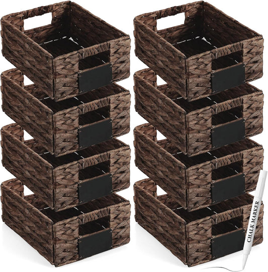 Nitial 8 Pcs Wicker Storage Basket, Rectangular Water Hyacinth Storage Basket for Shelving, Foldable Woven Pantry Organizer with Chalkboard Label and Chalk Marker (Natural,12 x 9 x 5 Inch)