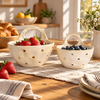 Creative Co-Op 2‑Piece Stoneware Colanders with Handles, Reactive Cream Glaze