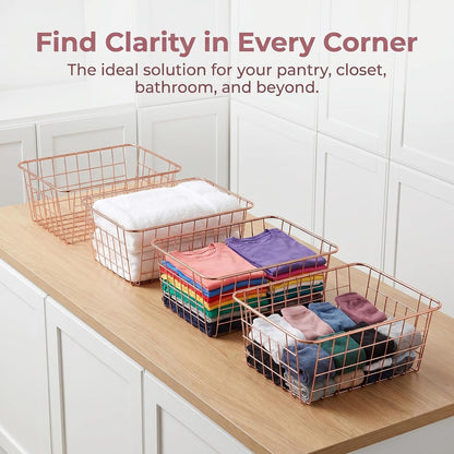 Jucoan 4 Pack Metal Wire Storage Baskets, Rose Gold Wire Baskets with Handles, Pantry Organizer Storage Bins for Kitchen, Freezer, Closet, Laundry Room, Cabinets