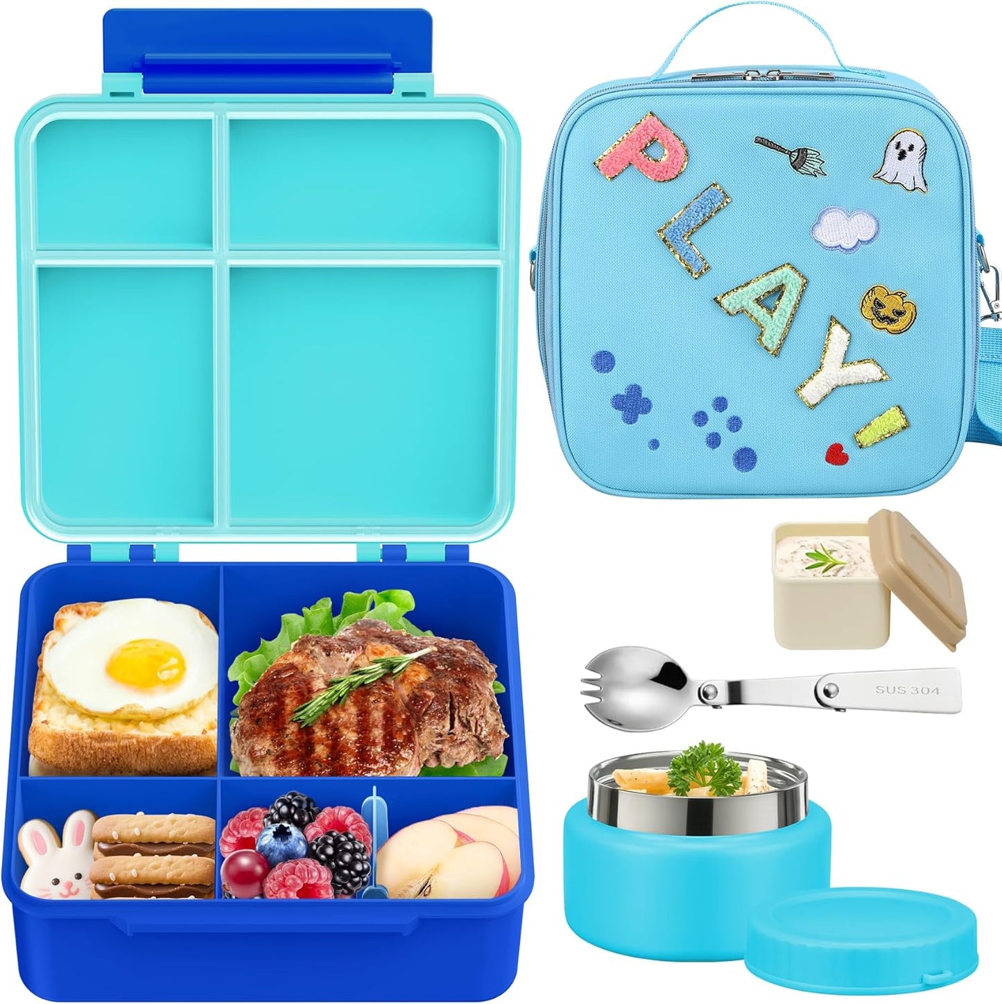 Kids Bento Lunch Box with Thermo, Include 9oz Soup Thermo, Kids Leakproof Lunch Box with 4 Compartment, Insulated Lunch Bag for Girls Boys to School Travel