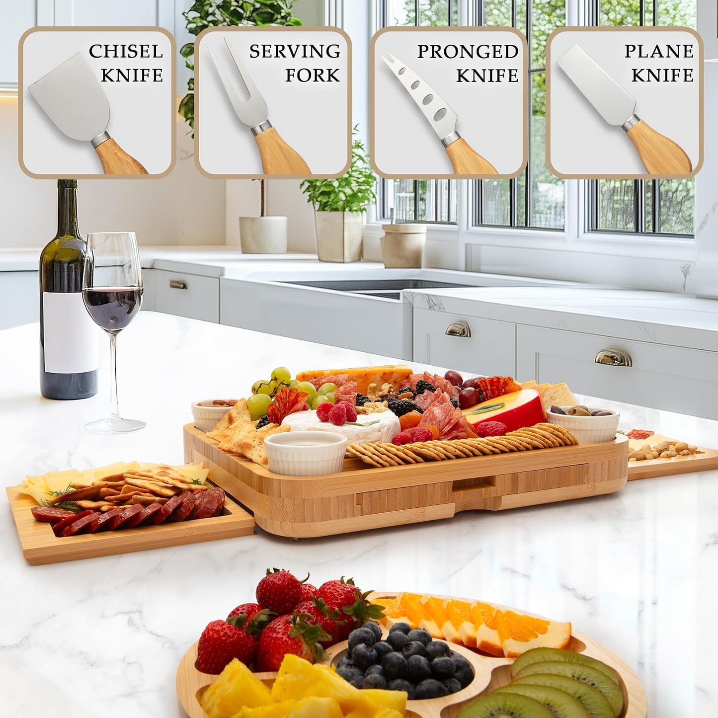 Zulay Kitchen Premium Bamboo Charcuterie Board - Extra Thick Bamboo Board with 4 Piece Knife Set - Perfect for Charcuterie, Wine and Cheese