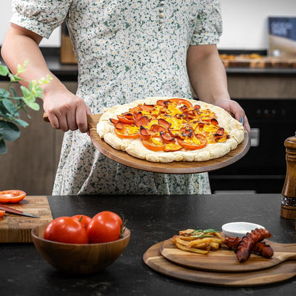 BILL.F Acacia Pizza Peel, Set of 3 Acacia Wood Cutting Board 8" 10" 12" Inch Cutting Board, Cheese Paddle Board, Bread and Crackers Platter for Serving and Minor Food Prepare with Handle and Organizer