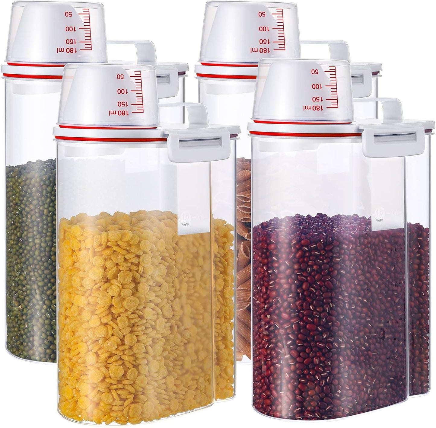 Cereal Containers Set 4 Pcs Airtight Food Storage Container with Measuring Cup Dispenser Plastic Storage Containers with Lids for Rice Oatmeal Flour Grain & Pet Cat Dog Food Container, 2.5 L