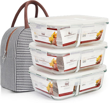 DAS TRUST 3 Pack Bento Box Glass Meal Prep Containers - 3 Compartment Glass Food Storage Containers with Lids - Lunch Box Meal Prep Bowls - Oven Safe