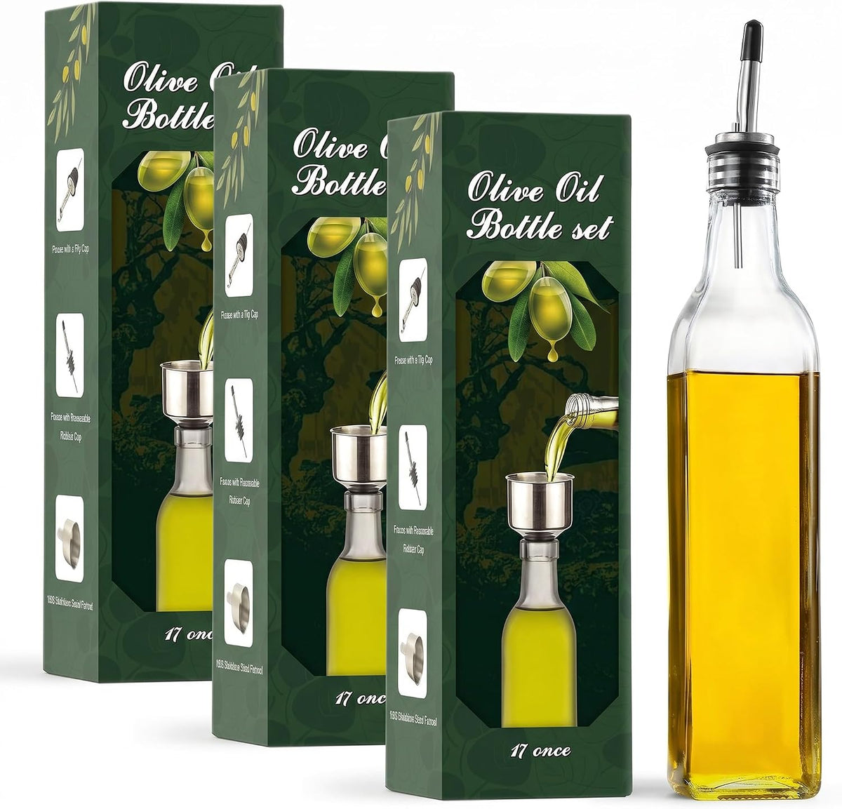 AOZITA 17oz Glass Olive Oil Bottle Dispenser - 500ml Green Oil and Vinegar Cruet with Pourers and Funnel - Olive Oil Carafe Decanter for Kitchen