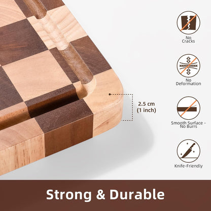 Cutting Board Set of 2 – Checkered Wood & Acrylic Cutting Board with Counter Lip for Kitchen Counter, Wood Checkerboard Chopping Board with Juice Grooves for Vegetables, Fruits, Meat