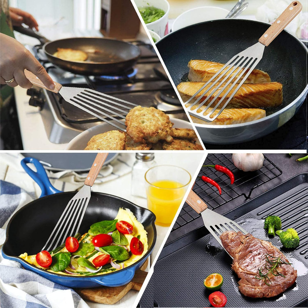 HaSteeL 2 Pack Stainless Steel Fish Spatula, Metal Slotted Turner Set, Griddle Grill Spatula for Kitchen Cooking, Flipping, Turning, Frying $ Grilling, Full Tang ABS Handle, DIshwasher Safe