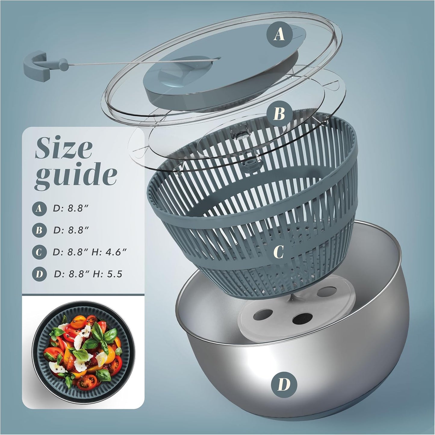 COOK WITH COLOR Stainless Steel Salad Spinner - 5 Qt. Lettuce Washer And Vegetable Spinner Dryer for Easy Salad Prep - Non Slip Base with Pull Handle - Auto Stop Brake System, Stain and Odor Resistant