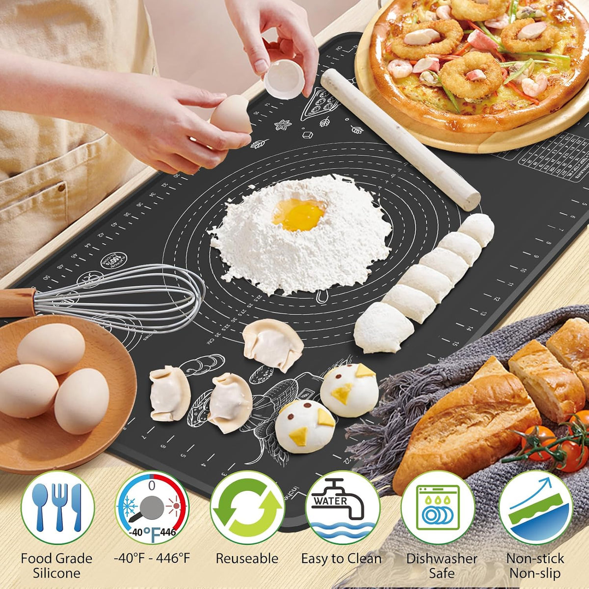Silicone Baking Mat 28" x 20" Extra Thickness Dough Rolling Mat with Measurements and Edge Heightening, Non-stick Food Grade Silicone Pastry Mat for Pastry, Bread, Cookies, Pizza, Fondant, Pasta-Black