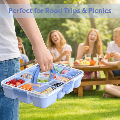 Snackle Box Container for Adults with 10 Compartment, Divided Serving Tray with Lid and Handle and 2 Sauce Containers, Portable Snack Box Container for Charcuterie Party Travel, Purple