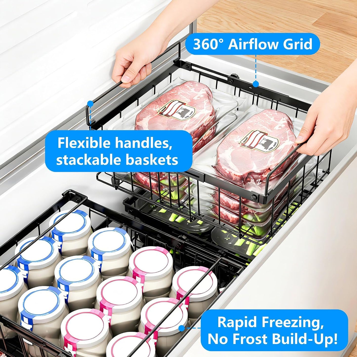 Freezer Organizer Bins, 6-Pack for Chest Freezers | Stackable & Expandable Storage Container with Handles | White Foldable Baskets for 10-20 Cu. Ft. | for Sorting Frozen Meats