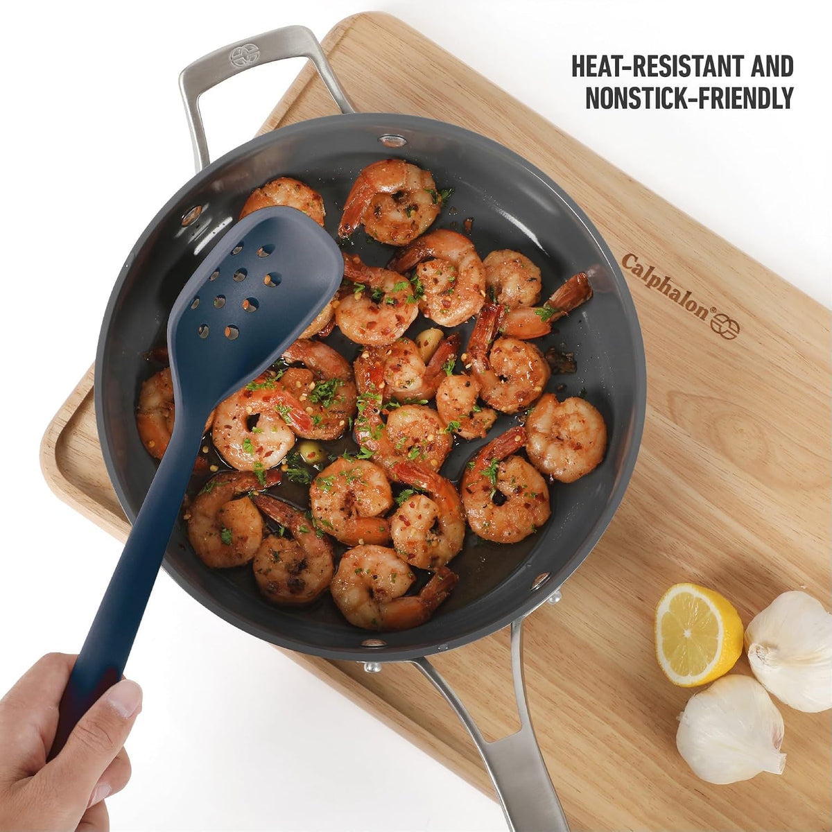 Calphalon Edge Silicone Spoon, Flexible Silicone Cooking Spoon with Reinforced Core, Heat-Resistant Nonstick-Safe Kitchen Spoon for Stirring, Mixing & Serving, Navy