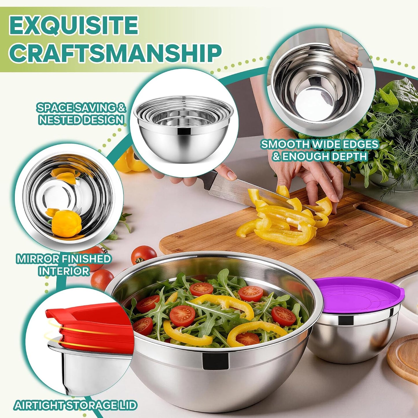 E-far Mixing Bowls With Lids Sets of 5, 10-Piece Stainless Steel Salad Metal Nesting Bowl for Baking Cooking and Prepping, Airtight Lid & Stackable Design, Size 4.6, 3, 2.1, 1.5, 0.7 QT, Black