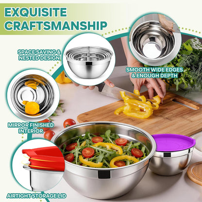 E-far Mixing Bowls With Lids Sets of 5, 10-Piece Stainless Steel Salad Metal Nesting Bowl for Baking Cooking and Prepping, Airtight Lid & Stackable Design, Size 4.6, 3, 2.1, 1.5, 0.7 QT, Black