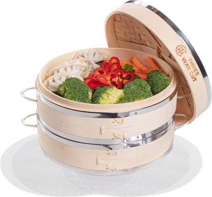 Dumpling Bamboo Steamer 10 Inch 2 Tier Wooden Basket With Handle, Reusable Silicone Liner, Kit For Cooking Baby Bao Bun, Dim Sum, Rice Potsticker Steaming Chinese Asian Food & Vegetables