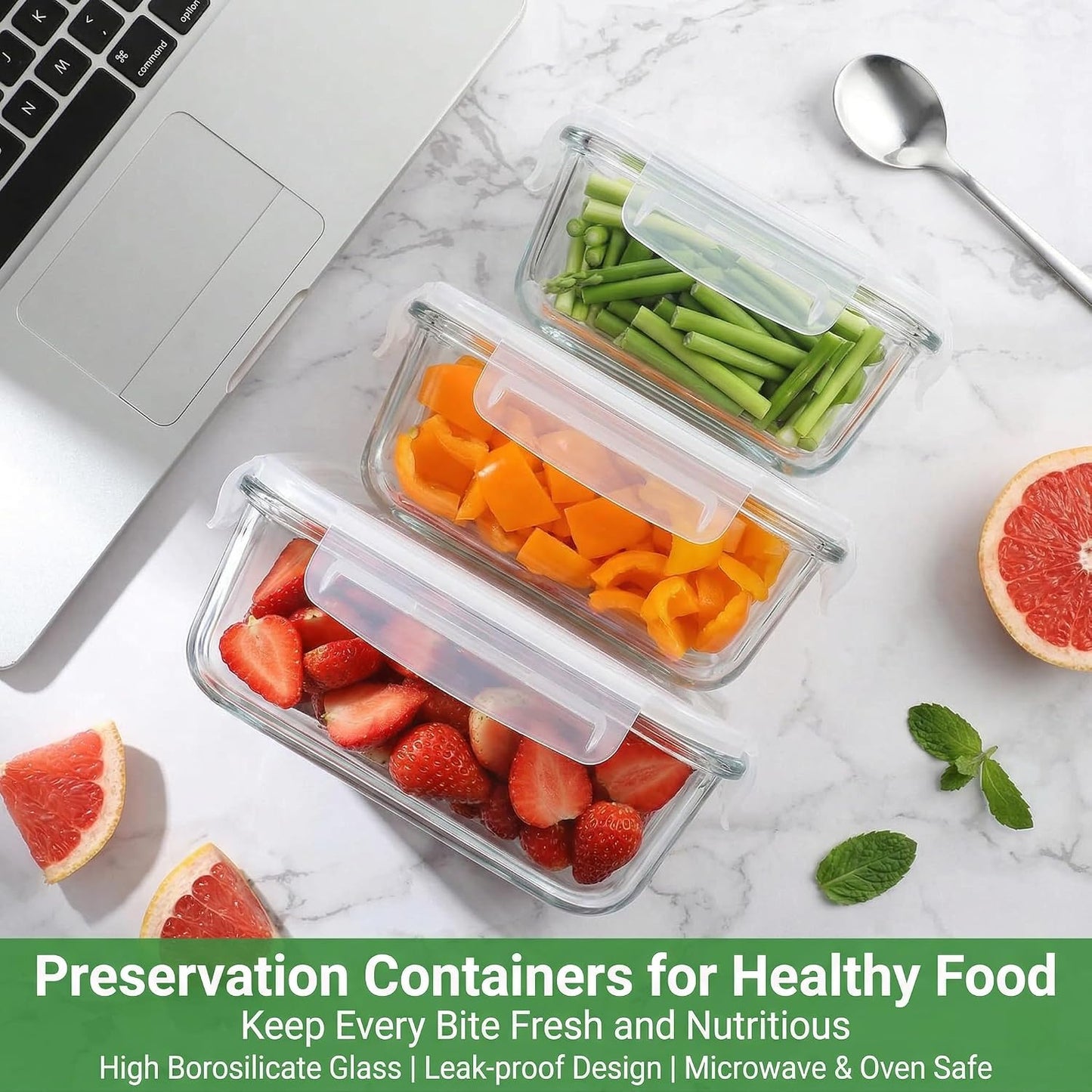 Glass Food Storage Containers with Airtight Lids, 3-Piece Set, Stackable Meal Prep Containers (Transparent White)