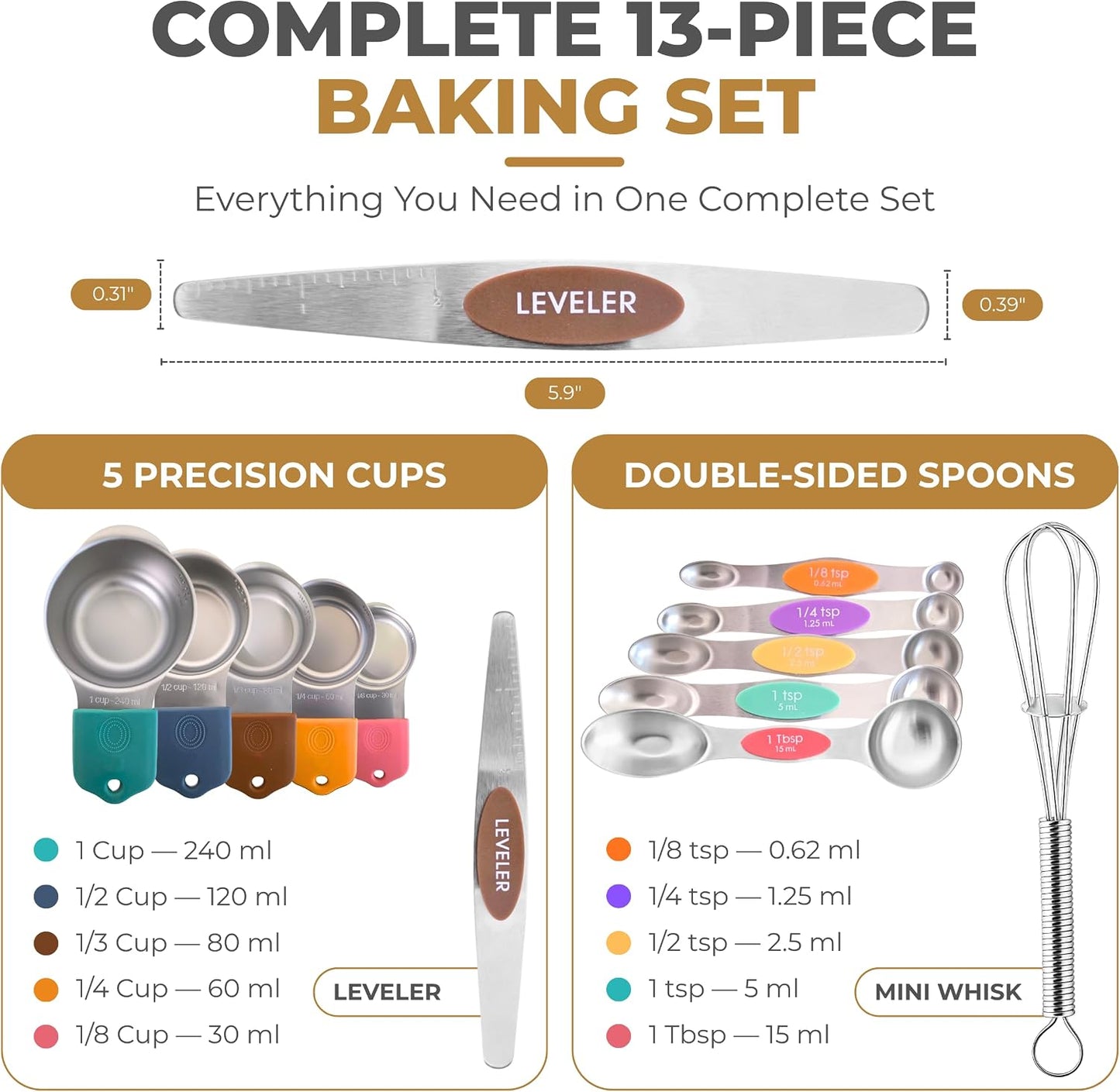 DIYORA Magnetic Measuring Cups and Spoons Set, 13-Piece 304 Stainless Steel Measuring Set with Leveler, Mini Whisk, Conversion Chart, Double-Sided Spoons for Baking and Cooking