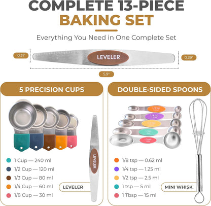 DIYORA Magnetic Measuring Cups and Spoons Set, 13-Piece 304 Stainless Steel Measuring Set with Leveler, Mini Whisk, Conversion Chart, Double-Sided Spoons for Baking and Cooking