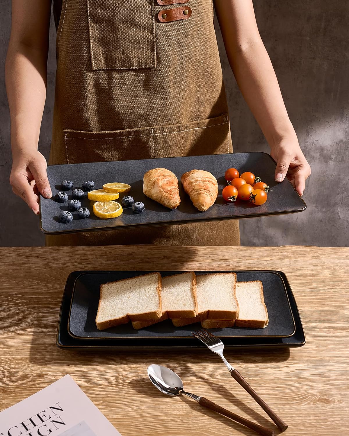 Famiware Serving Platter, Rectangular 15.67/14.1/12.6inch Serving Dishes for Entertaining, Microwave Dishwasher Safe, Stoneware Serving Trays for Party, Turkey, Cheese, Ocean Series, Cappuccino White