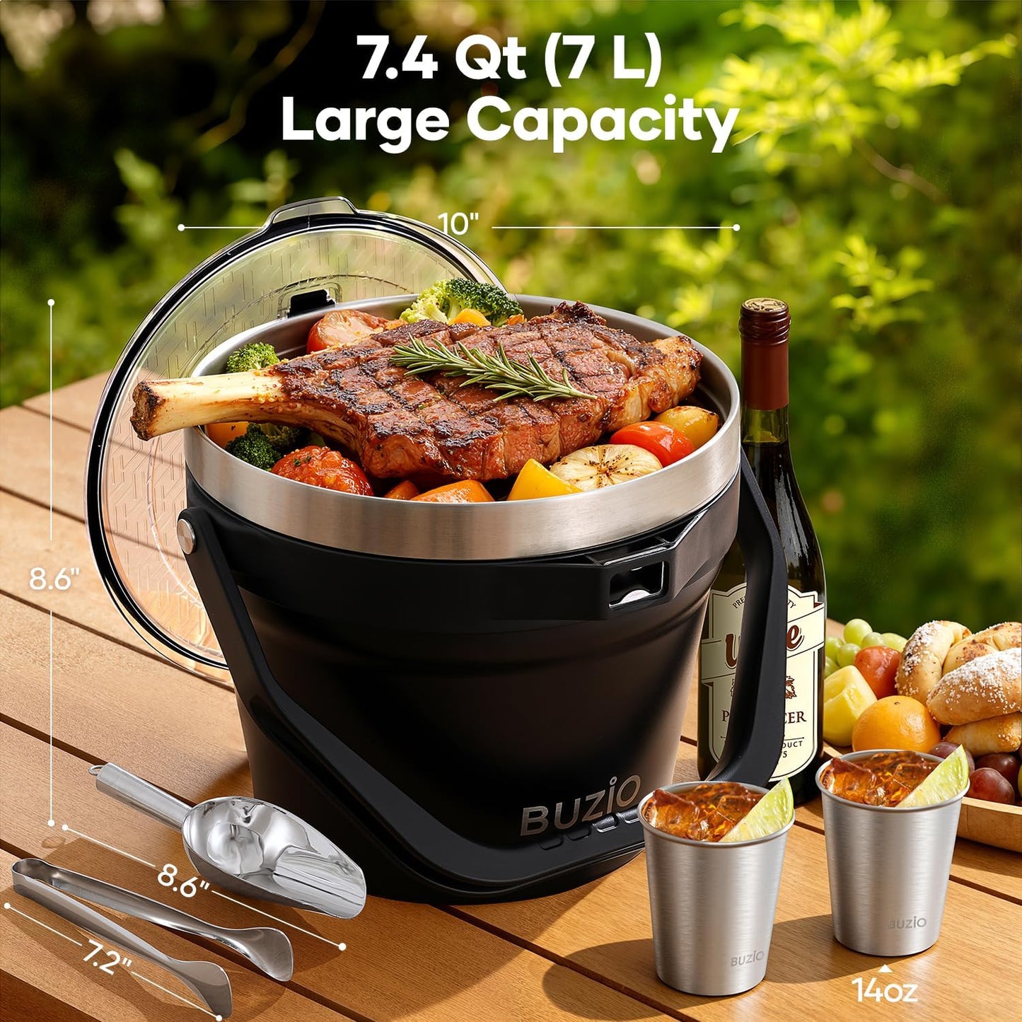 BUZIO 7.4 Qt/7 L Insulated Ice Bucket with Lid, Scoop, Tongs & Metal Cups, Double Wall Vacuum Stainless Steel Beer Bucket, Holds 6 Longnecks/3 Wine Bottles, for Parties Bar, Black