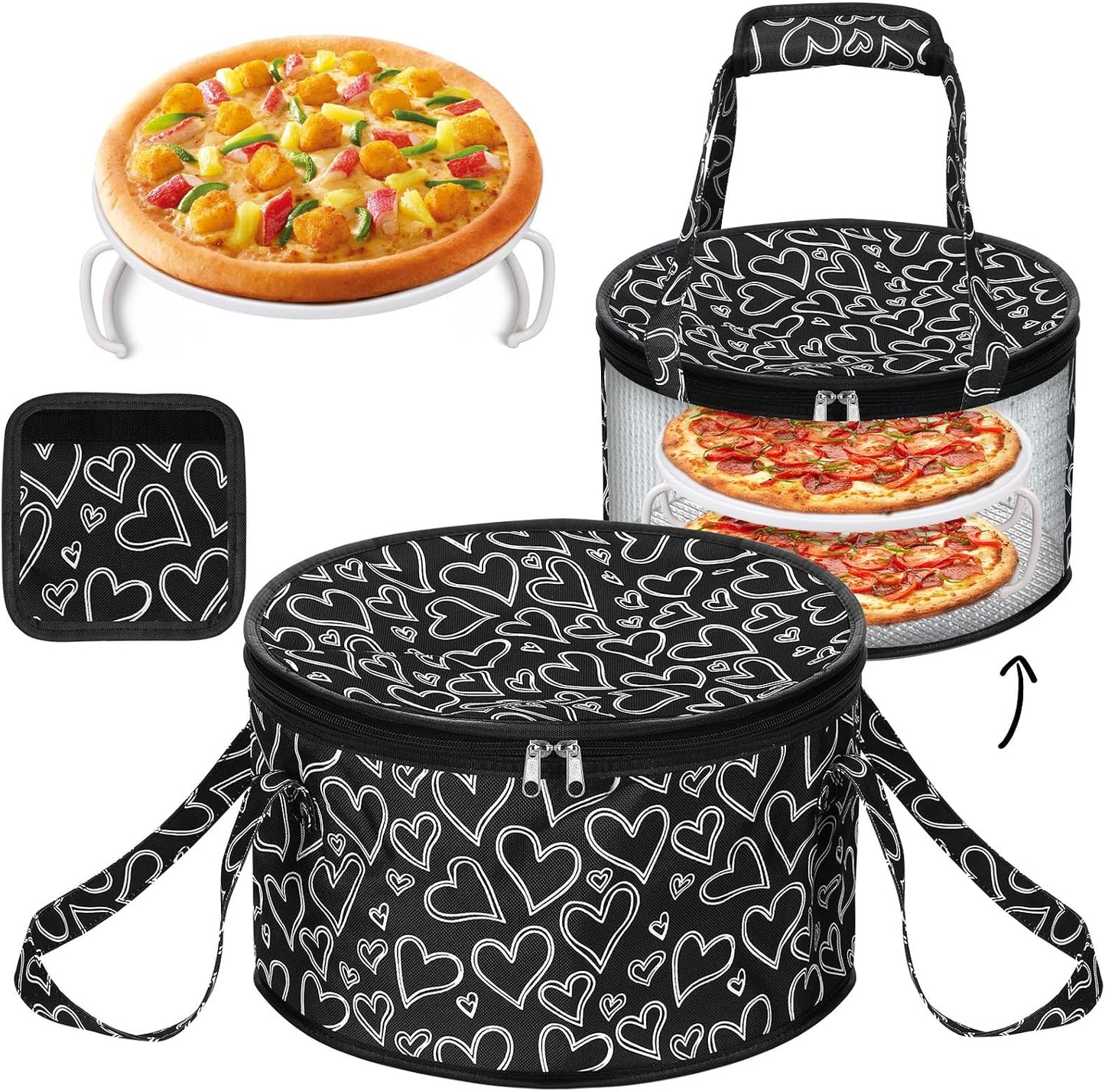 Pickmesh Round Pie Carrier 12 x 7 Inch Insulated Casserole Carriers with Lid and Detachable Handle for Hot or Cold Food Cake Transport Thanksgiving Christmas Gift(Cyan White Zigzag)