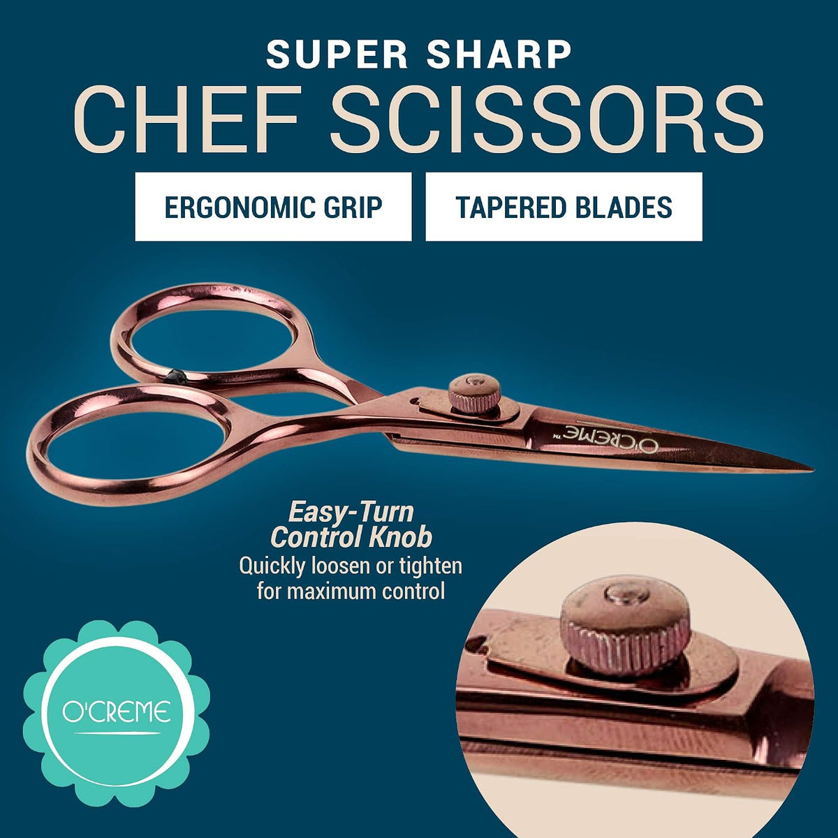 O'Creme Set of Culinary Tweezer Tongs Offset, Straight and Curved, Plus Super Sharp Chef Scissors, Total 6 Pieces (Rose Gold)